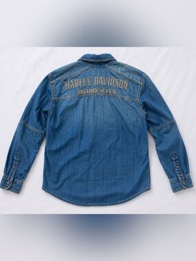 Harley‎ Davidson Denim Snap Shirt XL Embroidered Logo Biker Western Distressed